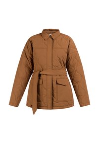 Gequilted bruine jas met een kraag, ritssluiting aan de voorkant, zijvakken en een strikceintuur in de taille, met een gladde stoftextuur en minimale stiksels.