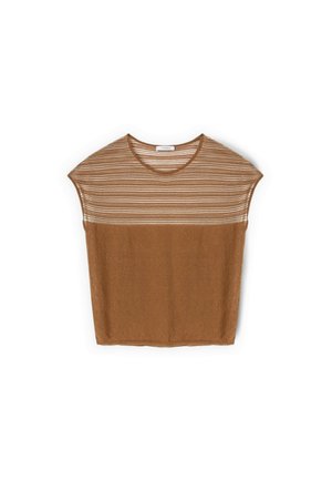 Short-sleeve knit top with a brown solid lower half and a striped upper half in beige and brown, featuring a round neckline.