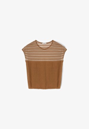 Short-sleeve knit top with a brown solid lower half and a striped upper half in beige and brown, featuring a round neckline.