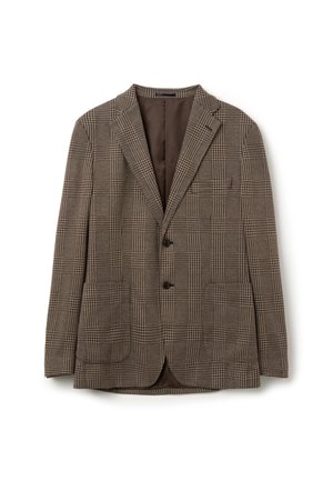 Blazer à motif pied-de-poule marron avec un col cranté, deux poches avant et deux boutons. Doublure intérieure en tissu marron uni.