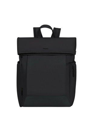 Black rectangular backpack with top flap, side zippered pockets, padded shoulder straps, and a carrying handle on a white background.