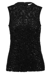 Haut noir sans manches présentant un design en dentelle complexe orné de sequins. Col montant avec une fermeture par un seul bouton à l'arrière.