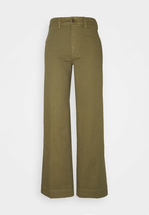 Oliwkowo-zielone spodnie o wysokim stanie z szerokimi nogawkami, zapinane na guzik i suwak, z pętlami na pasek i gładkim przodem.