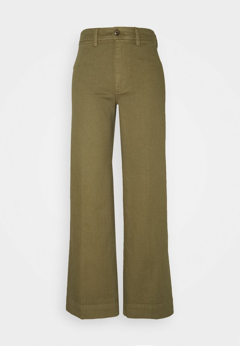 Pantalon large taille haute couleur olive avec fermeture bouton et zip, passants pour ceinture, et design avant uni.