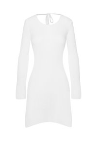 White knitted dress with long sleeves, scoop neckline, and back tie detail. Soft texture, fitted silhouette, and asymmetric hemline.