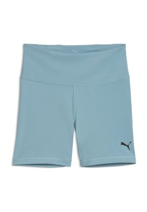 Hellblaue, hoch taillierte Sportshorts mit Puma-Logo am linken unteren Bein, glatter Textur und flachen Nähten.