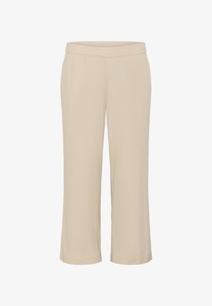 Pantalons beiges décontractés avec une taille élastique, fabriqués en tissu léger, présentant un motif texturé subtil et une longueur cropped.