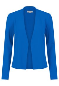 Modrá měkká strečová sako s dlouhými rukávy, otevřeným předním designem a bez zapínání. Má hladkou strukturu a přizpůsobený střih.