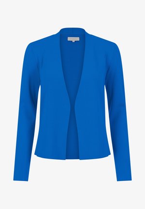 Modrá měkká strečová sako s dlouhými rukávy, otevřeným předním designem a bez zapínání. Má hladkou strukturu a přizpůsobený střih.