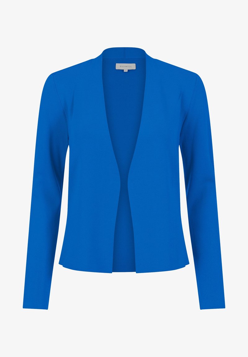 Modrá měkká strečová sako s dlouhými rukávy, otevřeným předním designem a bez zapínání. Má hladkou strukturu a přizpůsobený střih.