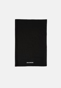 Svart halsgaiter laget av myk stoff. Har et sømløst design med en hvit "SALOMON"-logo på bunnen. Ingen mønstre eller teksturer synlige.
