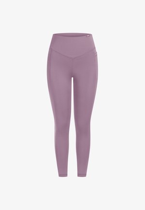 Light purple high-waisted leggings made from smooth fabric with a fitted design. Features side pockets and reinforced seams for durability.