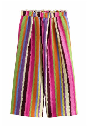 Pletené kalhoty s širokými nohavicemi s vertikálními pruhy v zelené, růžové, oranžové, fialové, modré a krémové barvě, s nařaseným elastickým pasem.