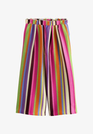 Pantaloni a gamba larga in maglia con righe verticali verdi, rosa, arancioni, viola, blu e crema, caratterizzati da una cintura elastica arricciata.