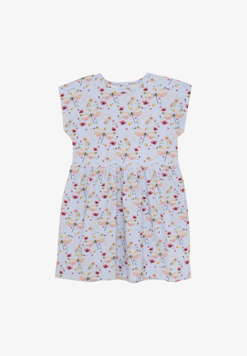 Lyseblå kortærmet kjole med blomster- og guldsmedemønster, med en samlet talje og luftig nederdel. Lavet af blødt stof.