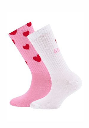 One pink sock with red hearts pattern and one plain white sock displayed side by side on a white background.