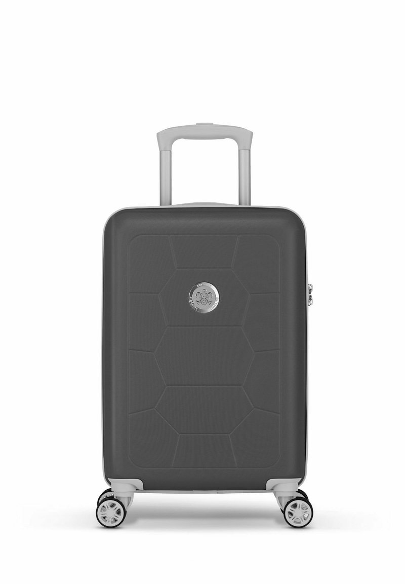Hard-shell suitcase in dark gray with a geometric pattern, featuring a retractable handle and four swivel wheels for easy mobility.