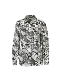 Camicia a maniche lunghe bianca e nera con un motivo floreale e geometrico, con colletto e orlo dritto.