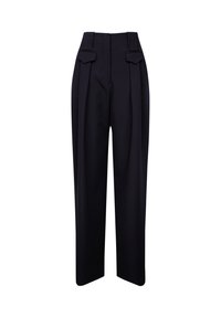 Pantalon noir taille haute fuselé avec plis et deux poches à rabat à l'avant de la taille, présenté sur fond blanc.
