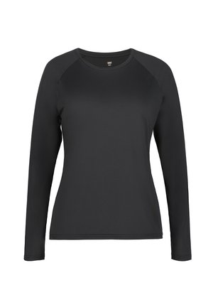 Maglietta nera a maniche lunghe con scollo rotondo, texture liscia e maniche raglan a contrasto. Design semplice, senza motivi o accenti visibili.