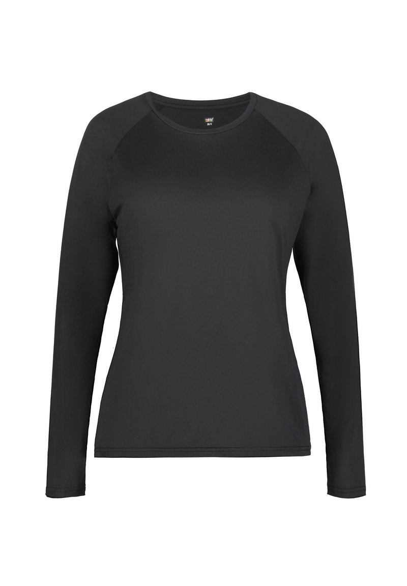 Schwarzes Langarmshirt mit rundem Ausschnitt, glatter Textur und kontrastierenden Raglanärmeln. Einfaches Design, keine sichtbaren Muster oder Akzente.