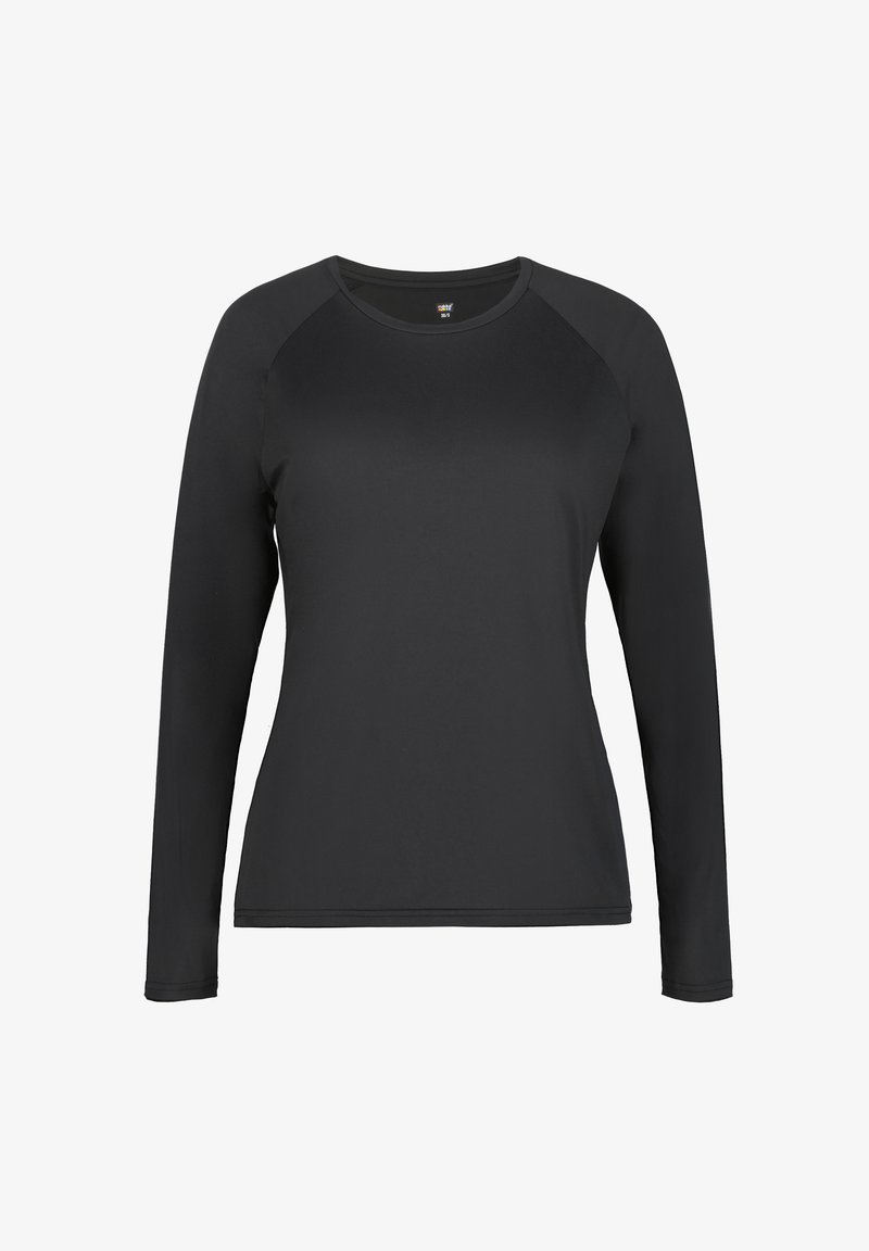 Svart långärmad tröja med rundad halsringning, slät textur och kontrasterande raglanärmar. Enkel design, inga synliga mönster eller accenter.