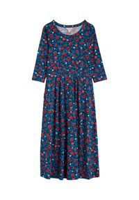 Pitkä sininen mekko, jossa on punaisia kukkakuvioita, pyöreä kaula-aukko ja kolmivartiset hihat. Levittävää hametta, jossa on poimutuksia ja hienovaraisia lehtikoristeita.