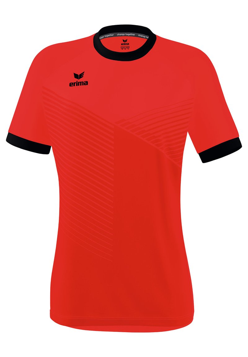 Rode sporttrui met korte mouwen, zwarte kraag en manchetten, met diagonale gestreepte patroon en logo op de voorkant.