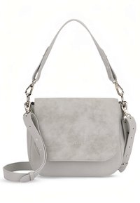 Geantă de umăr gri din piele ecologică cu închidere tip clapetă, curea reglabilă, accesorii argintii și textură netedă. Design compact dreptunghiular.