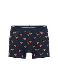Temno modri bokserji iz mehkega blaga, z motivom ponovljenih oranžnih glav bikov in majhnimi modrimi kapljicami, ter ujemajočim pasom.