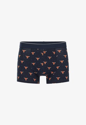 Boxer da uomo blu navy realizzati in un tessuto morbido, con un motivo ripetuto di teste di toro arancioni e piccole gocce blu, completati da un cinturino abbinato.