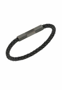 Bracelet en cuir tressé noir avec une boucle métallique texturée agrémentée d'accents. Le design est rond avec une surface lisse pour plus de confort.