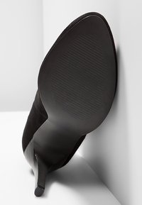 Chaussure à talon stiletto noir vue de la semelle, montrant un bout pointu et une zone de grip texturée sur fond uni.