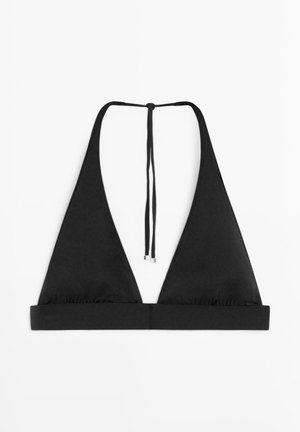 Haut de bikini triangle noir avec fines lanières nouées autour du cou et large bande sous la poitrine, posé à plat sur fond blanc.