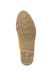 Scarpa in suede giallo con suola in gomma beige, dotata di un motivo a battistrada testurizzato e taglia 37.