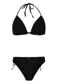 Zwart bikini set met een textuur triangletop met verstelbare strikken en een bijpassende onderkant met zijstrikken voor een aanpasbare pasvorm.