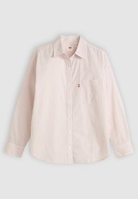Camicia a righe button-up in rosa chiaro e bianco, materiale in cotone, maniche lunghe, taschino sul petto, orlo arrotondato, etichetta del marchio sulla tasca.
