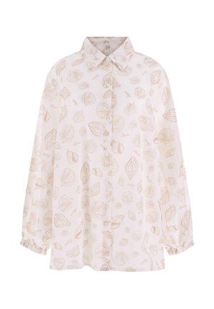 White long-sleeve button-up shirt with beige seashell patterns and an elastic cuff on sleeves.