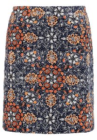Jupe marine avec un motif floral symétrique en orange, blanc et bleu clair, dotée d'un fond à petits points et de détails de vignes feuillues.