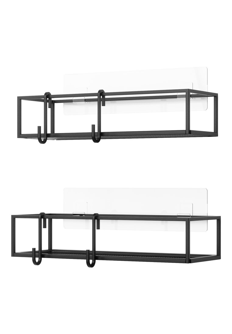 Dwie czarne metalowe prostokątne półki ścienne z dwoma haczykami każda oraz przezroczystymi płytkami montażowymi na białym tle.