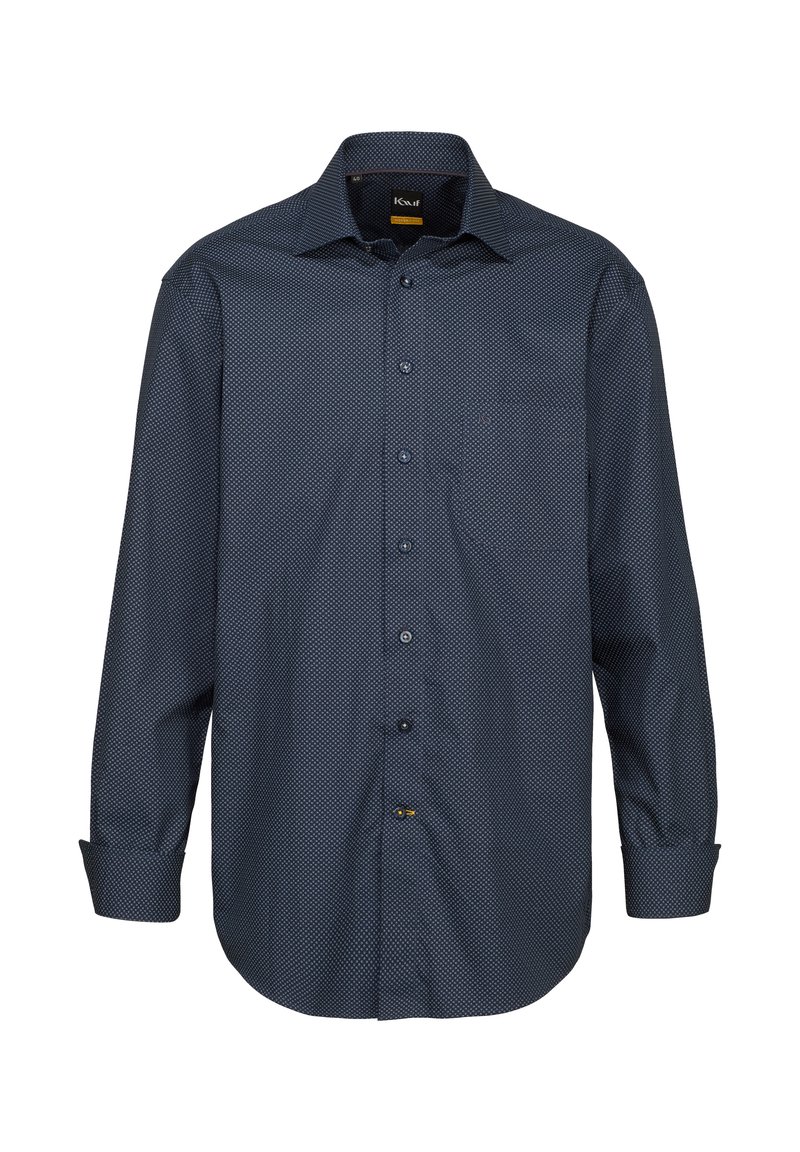 Camicia button-up a maniche lunghe di colore blu navy scuro con motivo geometrico bianco. Presenta una tasca sul petto, colletto classico e polsini regolabili con bottoni.