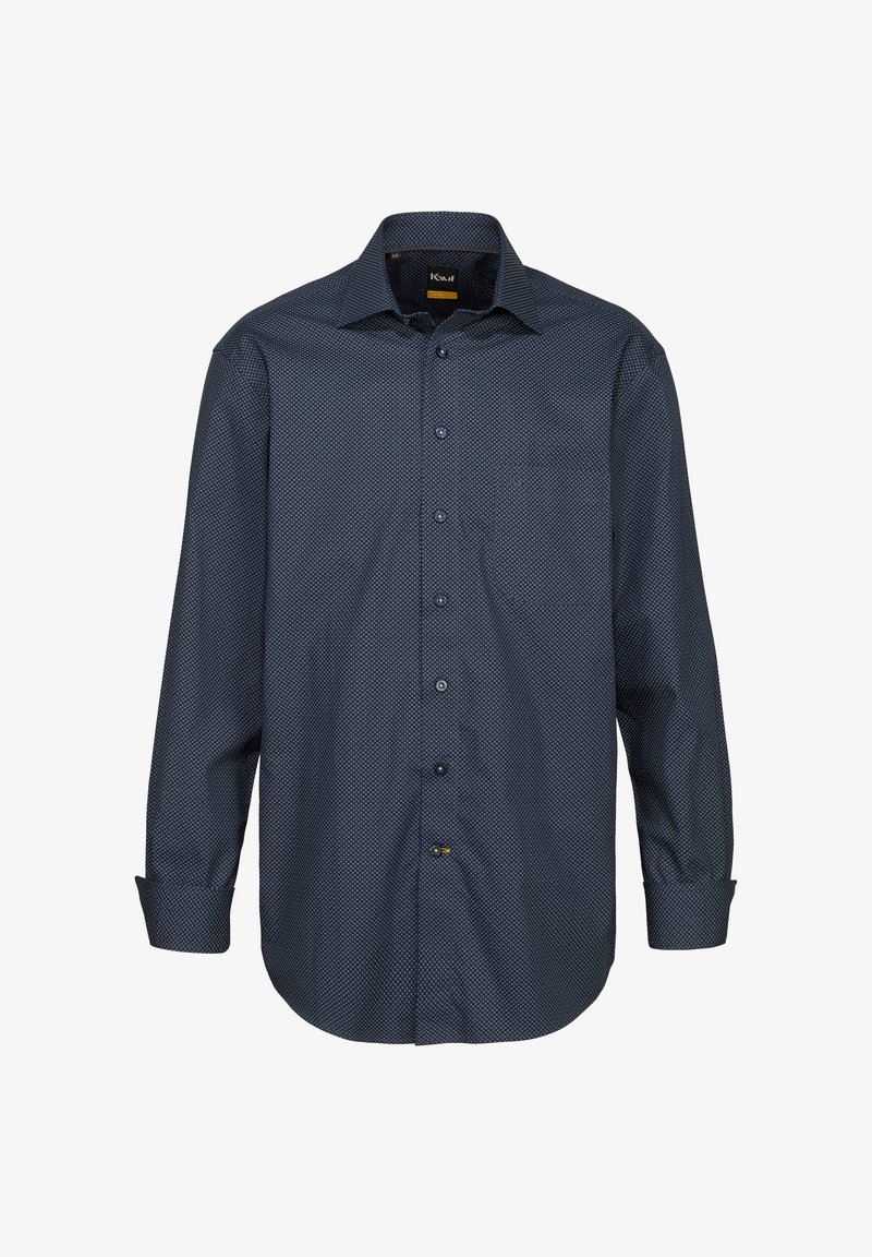 Camicia button-up a maniche lunghe di colore blu navy scuro con motivo geometrico bianco. Presenta una tasca sul petto, colletto classico e polsini regolabili con bottoni.