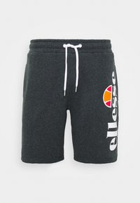 Shorts en coton gris foncé avec une taille à cordon, arborant un logo blanc et un accent circulaire coloré sur le côté gauche.