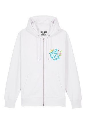 Haut à zip blanc avec un graphique de requin bleu agrémenté de fleurs et de détails solaires. Fabriqué en tissu doux, avec deux poches avant et une capuche à cordon.