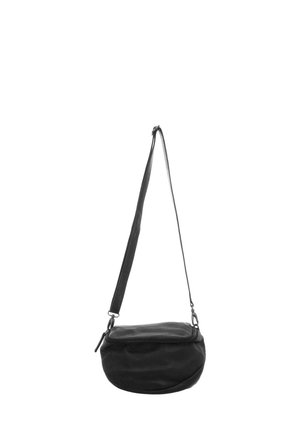 Schwarze, sichelmondförmige Umhängetasche mit verstellbarem Schulterriemen und Reißverschluss an der Oberseite, isoliert auf weißem Hintergrund.