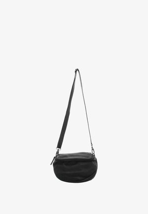Black crescent-shaped crossbody bag with adjustable shoulder strap and top zipper closure, isolated on white background.
