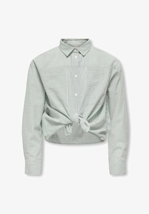 Hosszú ujjú, gombos ing, függőleges szürke és fehér csíkozással, gallérral és elöl, deréknál megkötött csomóval.