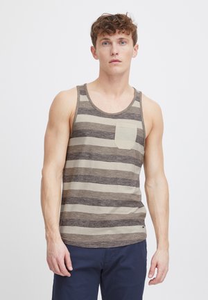 Débardeur rayé gris et beige avec un col rond et une petite poche poitrine. Fabriqué en textile léger et texturé.