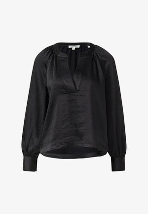 Zwarte blouse met een V-hals, lange pofmouwen en geplooide details bij de schouders. Gemaakt van glad, lichtgewicht stof met een ontspannen pasvorm.