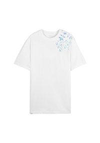 T-shirt en coton blanc avec un motif floral bleu sur l'épaule gauche, doté d'un col rond et de manches courtes.